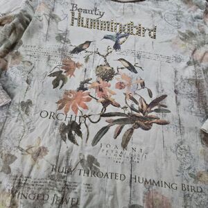 Y2K Hummingbird Floral Graphic Top Rhinestone Nature Print Shirt X-Large Fairy